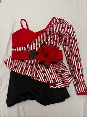 Curtain Call Red One-Shoulder Polka Dot Peplum dance costume
